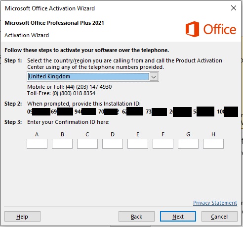 Microsoft Telephone Activation Window